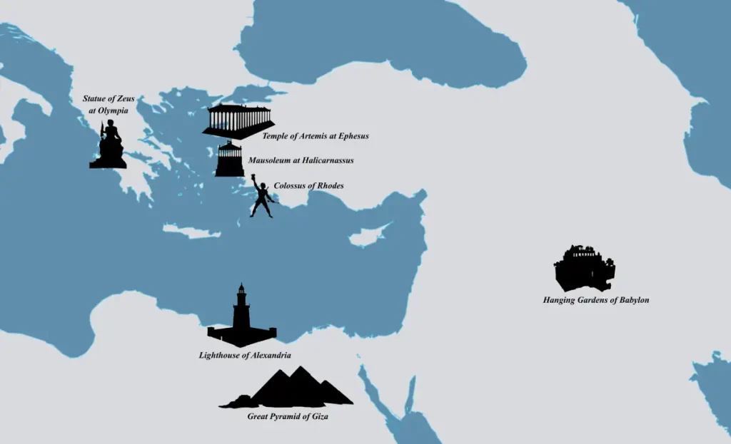 Locations of the Seven Wonders of the Ancient World on the map
