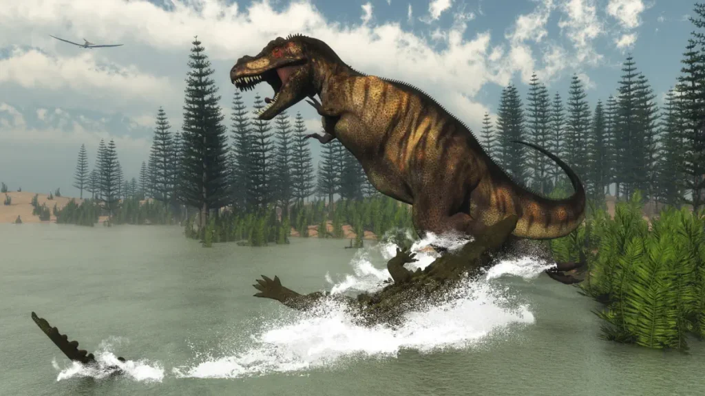 Largest prehistoric crocodiles: Deinosuchus attacks a T-rex