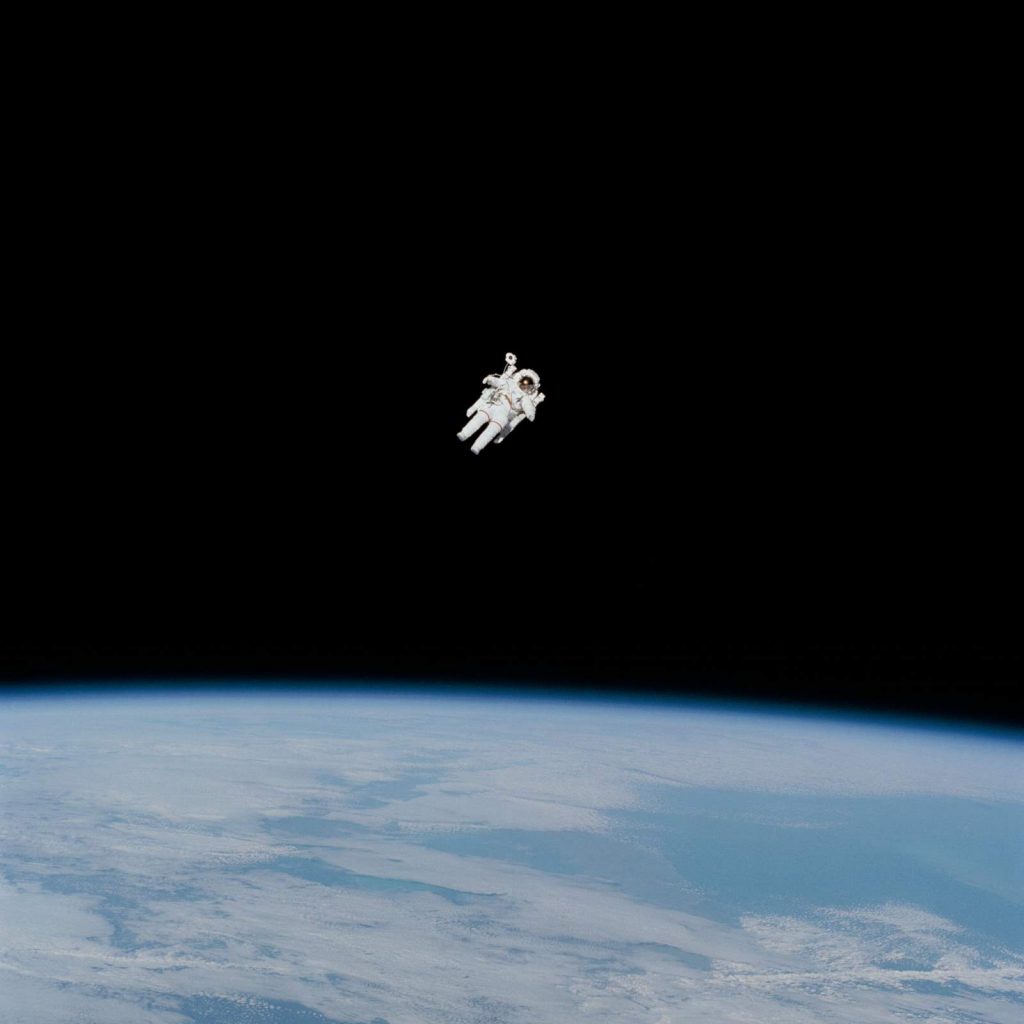 Bruce McCandless II during the first untethered spacewalk - he broke the spacewalking record