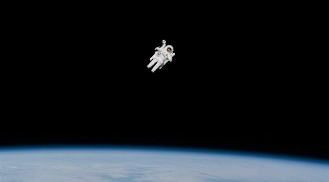 Bruce McCandless II during the first untethered spacewalk - he broke the spacewalking record