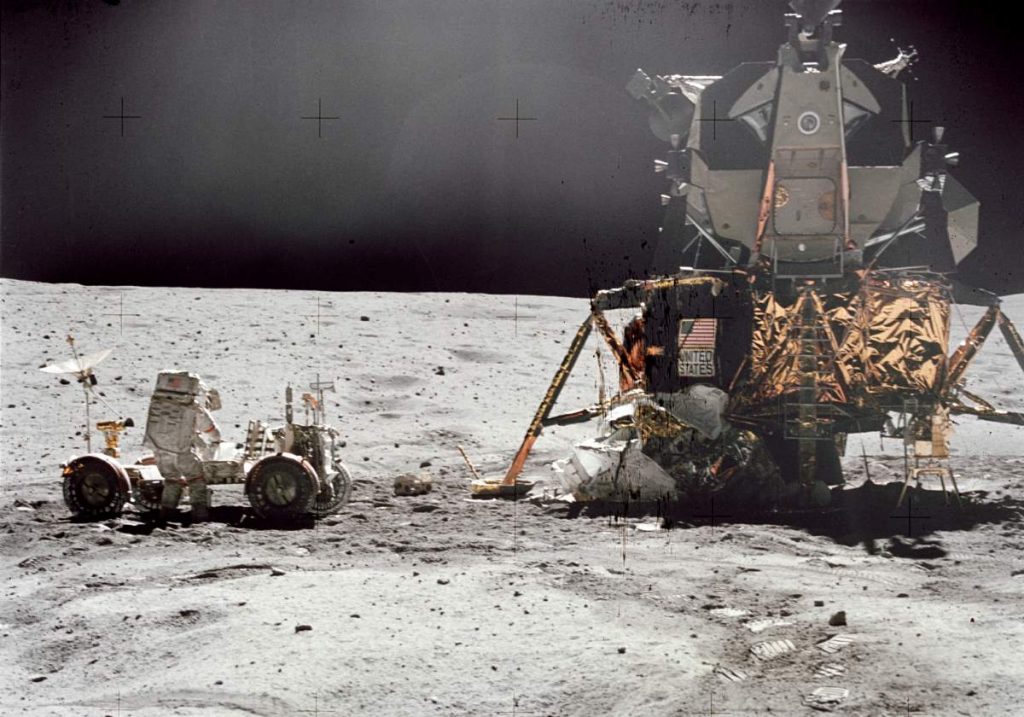 The fifth crewed moon landing: John W. Young, commander of the Apollo 16 lunar landing mission, works at the Lunar Roving Vehicle (LRV)