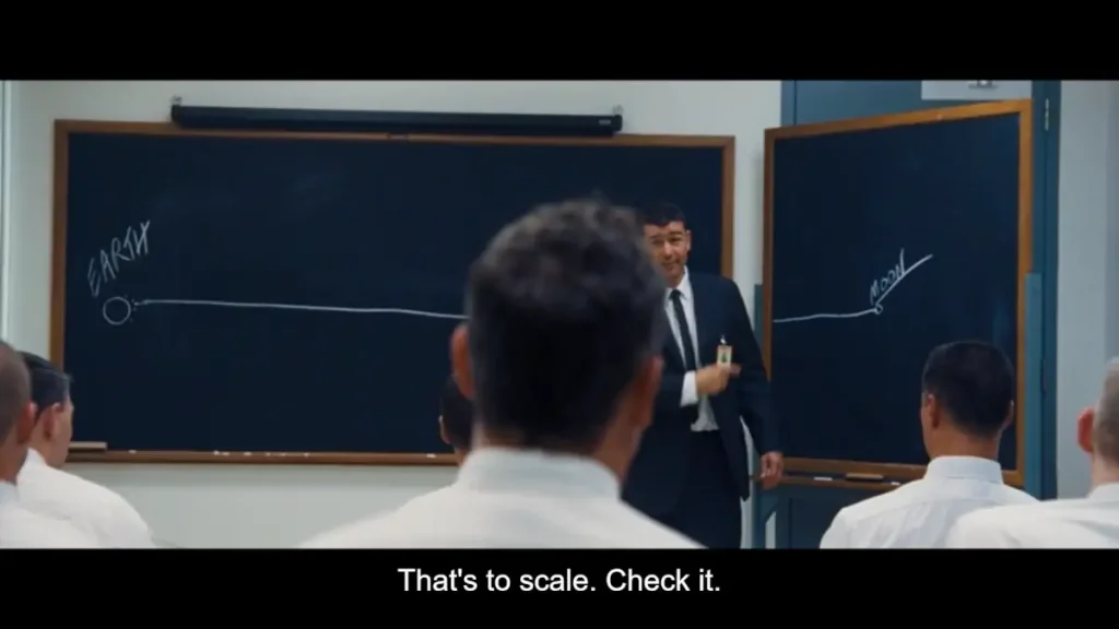 Do you remember the scene from the movie First Man? To demonstrate the distance between the Earth and the Moon, Deke Slayton (portrayed by Kyle Chandler in the film) needed an extra chalkboard.