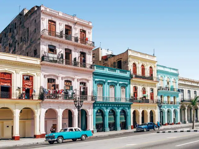 A colorful strip of buildings in Havana, Cuba