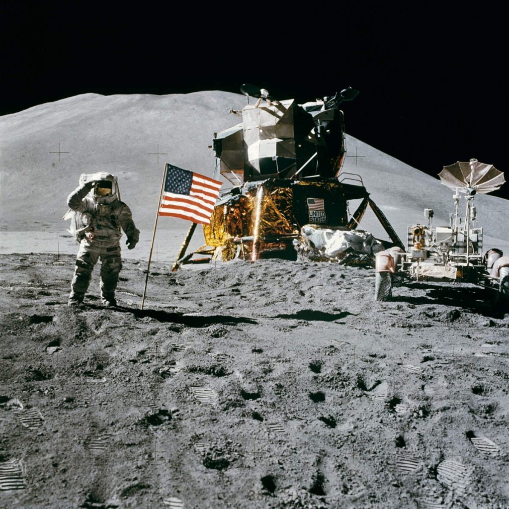The fourth crewed moon landing: James B. Irwin salutes the United States flag on the Moon
