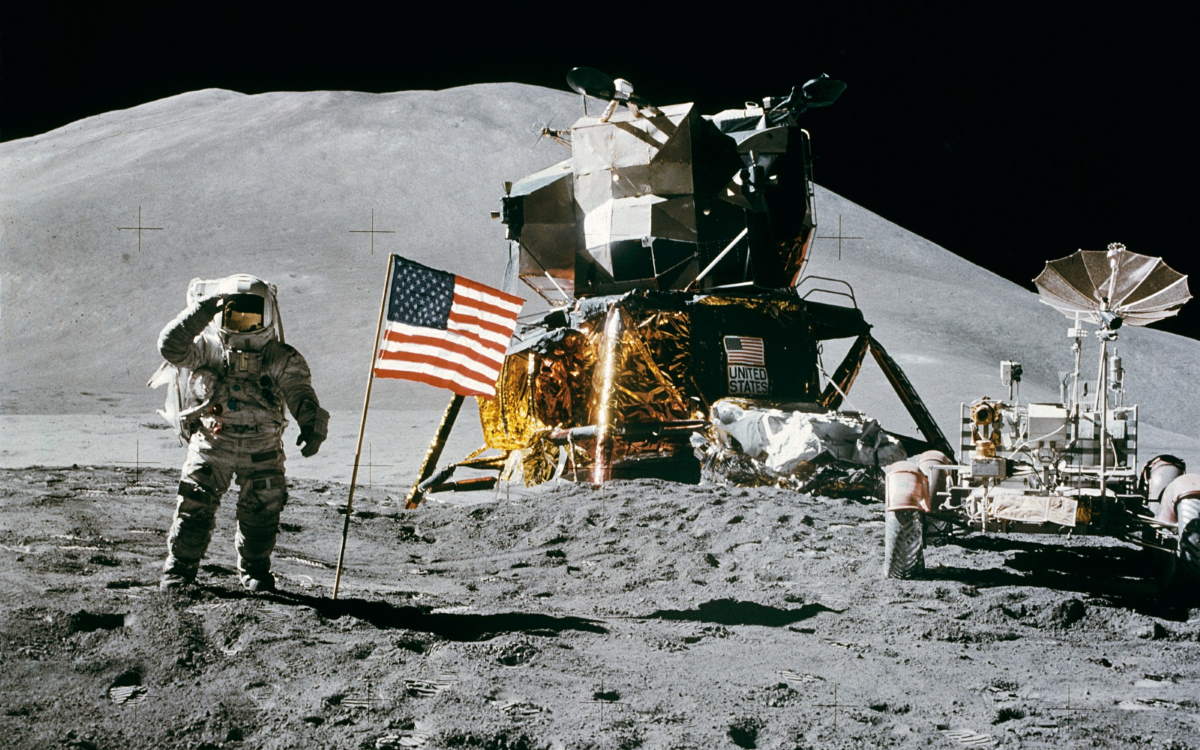 James B. Irwin salutes the United States flag on the Moon (cropped)