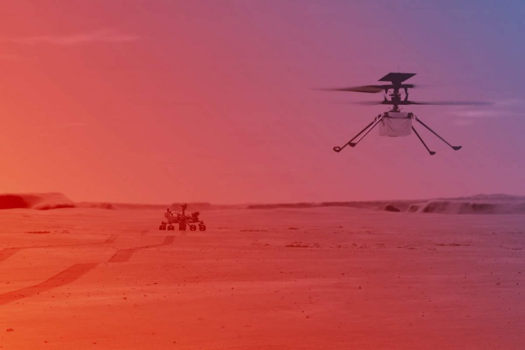 An illustration of NASA Ingenuity Helicopter flying on Mars