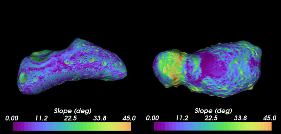 Colored topographical maps of asteroids Eros and Itokawa
