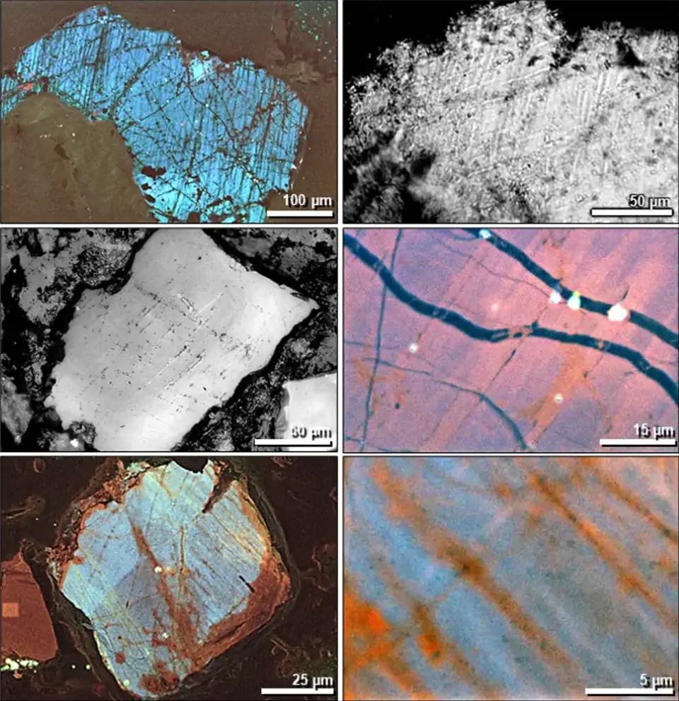 Electron microscope images of numerous small cracks in shocked quartz grains