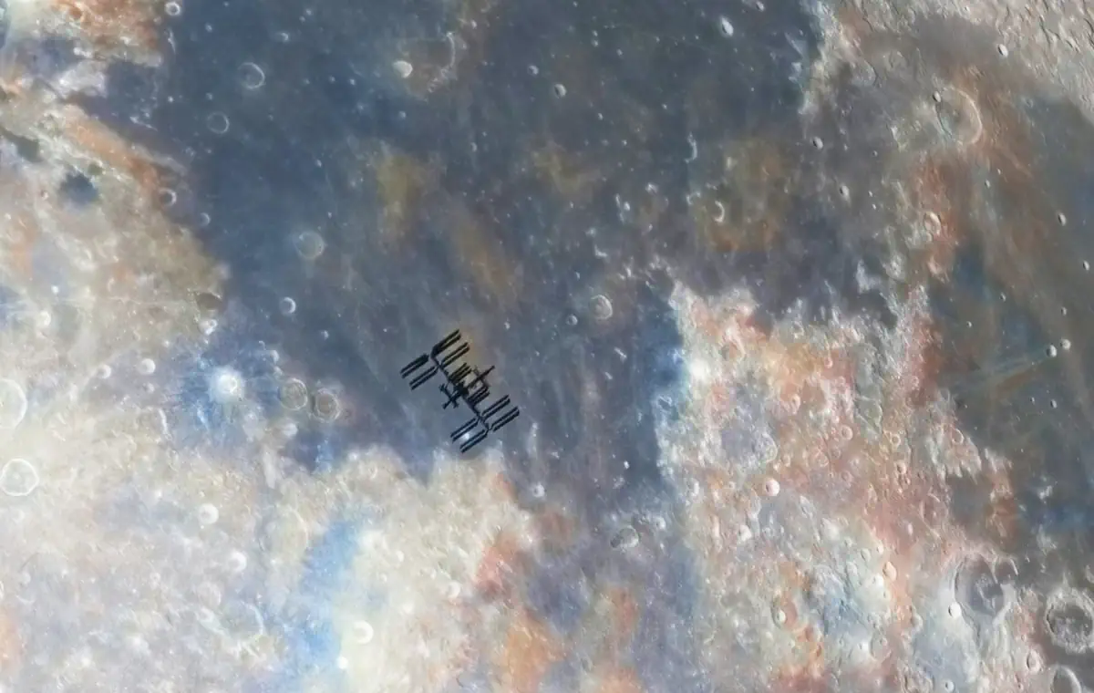 International Space Station (ISS) transiting moon over the Apollo 11 landing site (featured)