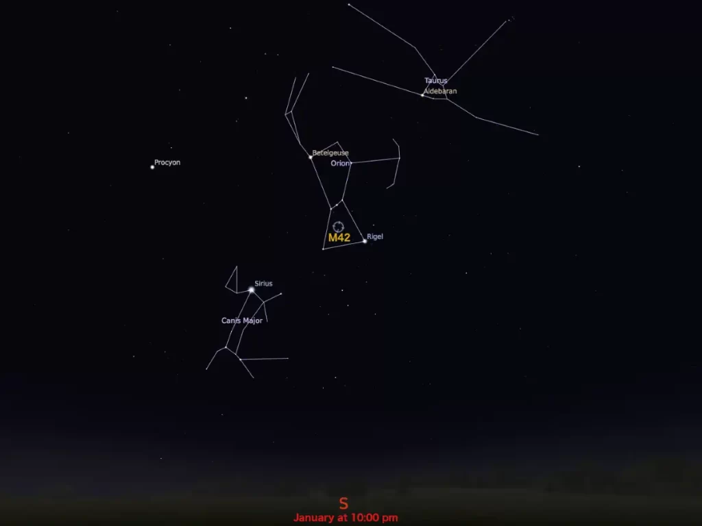 How to find the Orion Nebula in the sky? This star chart for M42 represents the view from mid-northern latitudes for the given month and time. Credits: Image courtesy of Stellarium. Source: <a target=