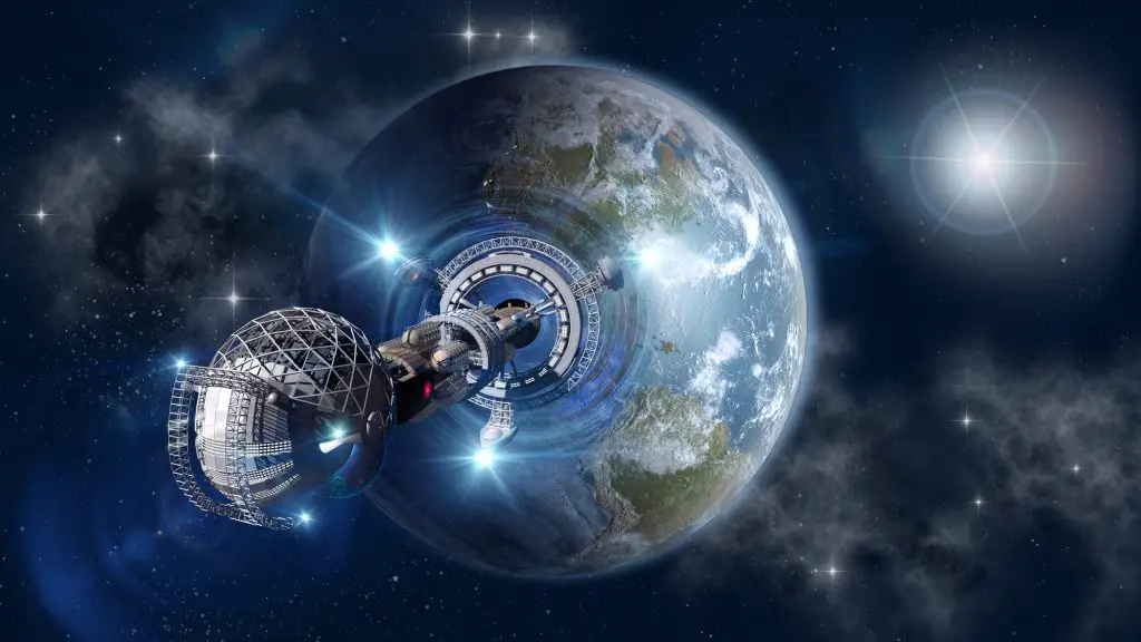 Faster-than-light (FTL) travel: Interstellar spaceship leaving Earth