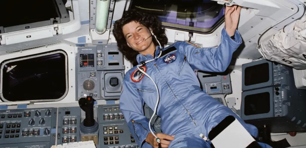 Sally Ride floating in Space Shuttle Challenger STS-7