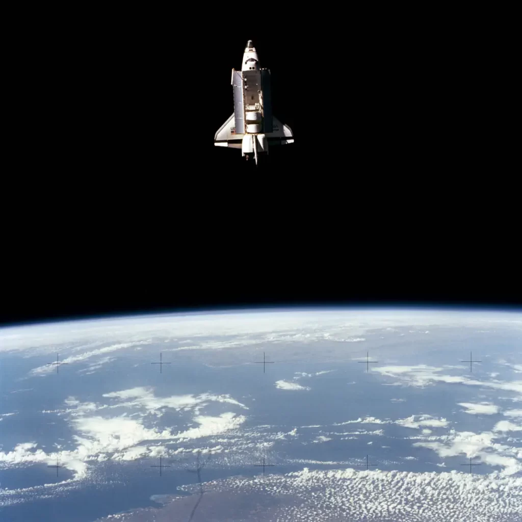 Space Shuttle Challenger from a satellite during the STS-7 mission