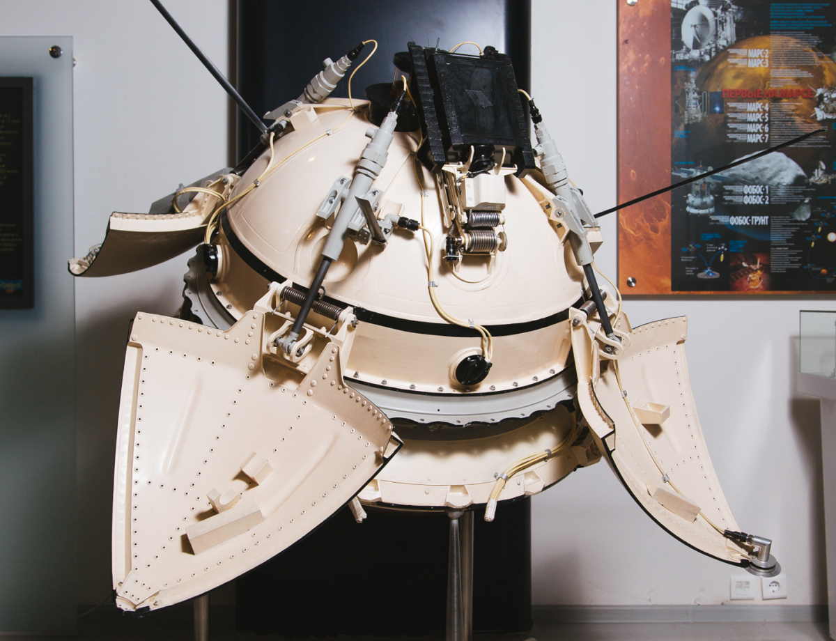 Mars 3 Lander model. On December 2, 1971, Mars 3 performed the first soft Mars landing.