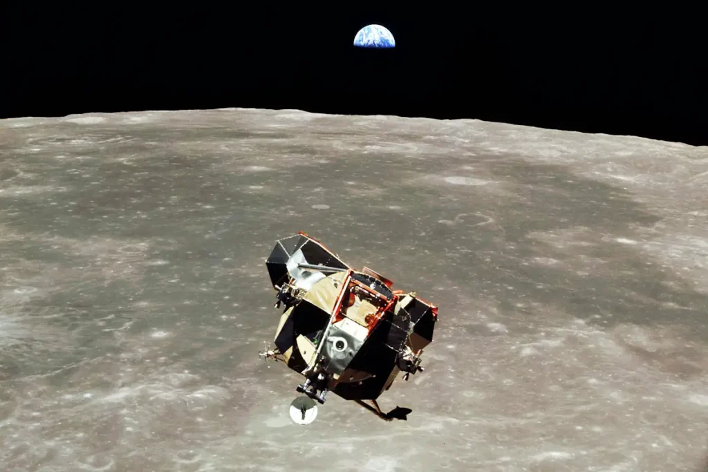 Lunar Orbit Rendezvous: Apollo 11 lunar module ascent stage is seen from the command module