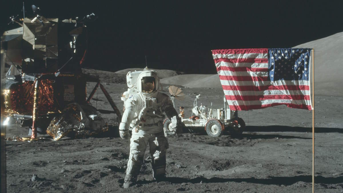 Astronaut Harrison Schmitt photographed by Gene Cernan during Apollo 17 EVA 1