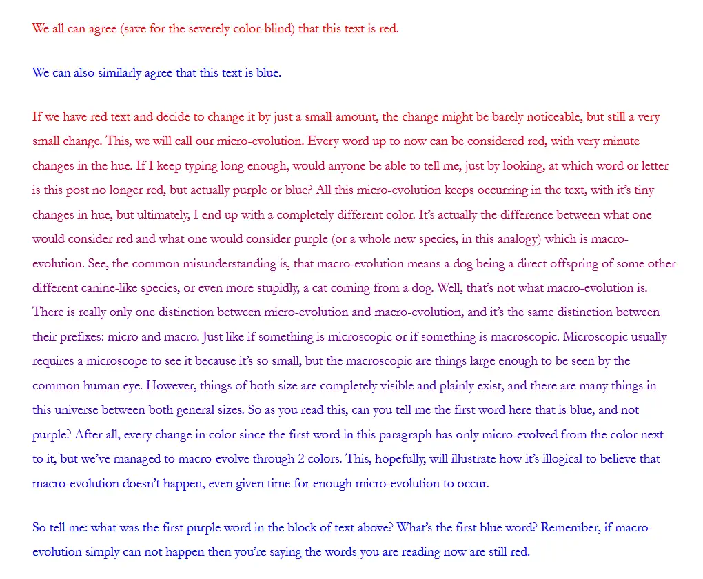 From red to blue, micro-evolution and macro-evolution explained